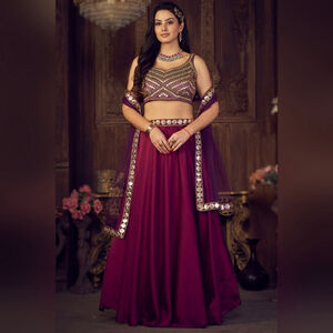 Wine Maroon Silk Lace Embroidered A-line Lehenga Choli